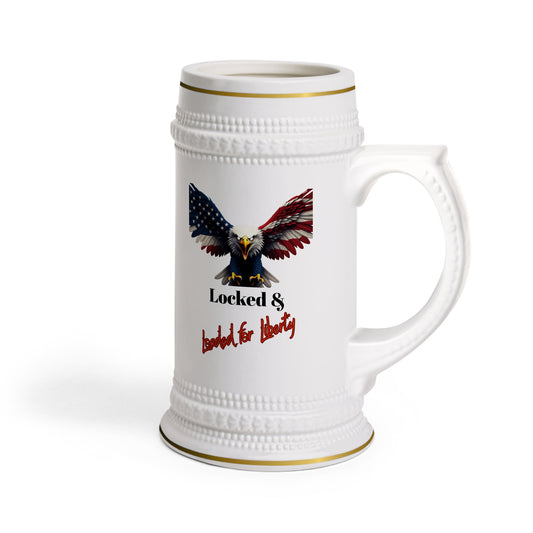 Locked & Loaded For Liberty Patriotic Eagle on a 22oz Ceramic Beer Stein