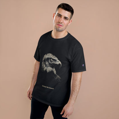 United We Stand small font text below an eagle head on a Champion Tee