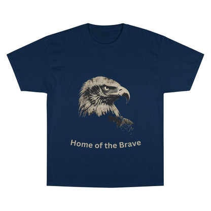 Home of the Brave text below an eagle head on a Champion Tee