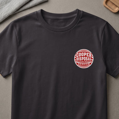 Dark gray t-shirt with "Cooper Disposal Recycling Disposal 216-512-5140" logo.