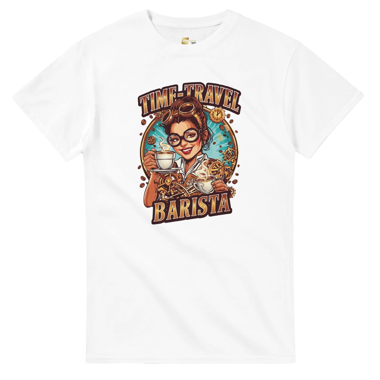 Time-Travel Barista graphic design on a Heavyweight T-shirt