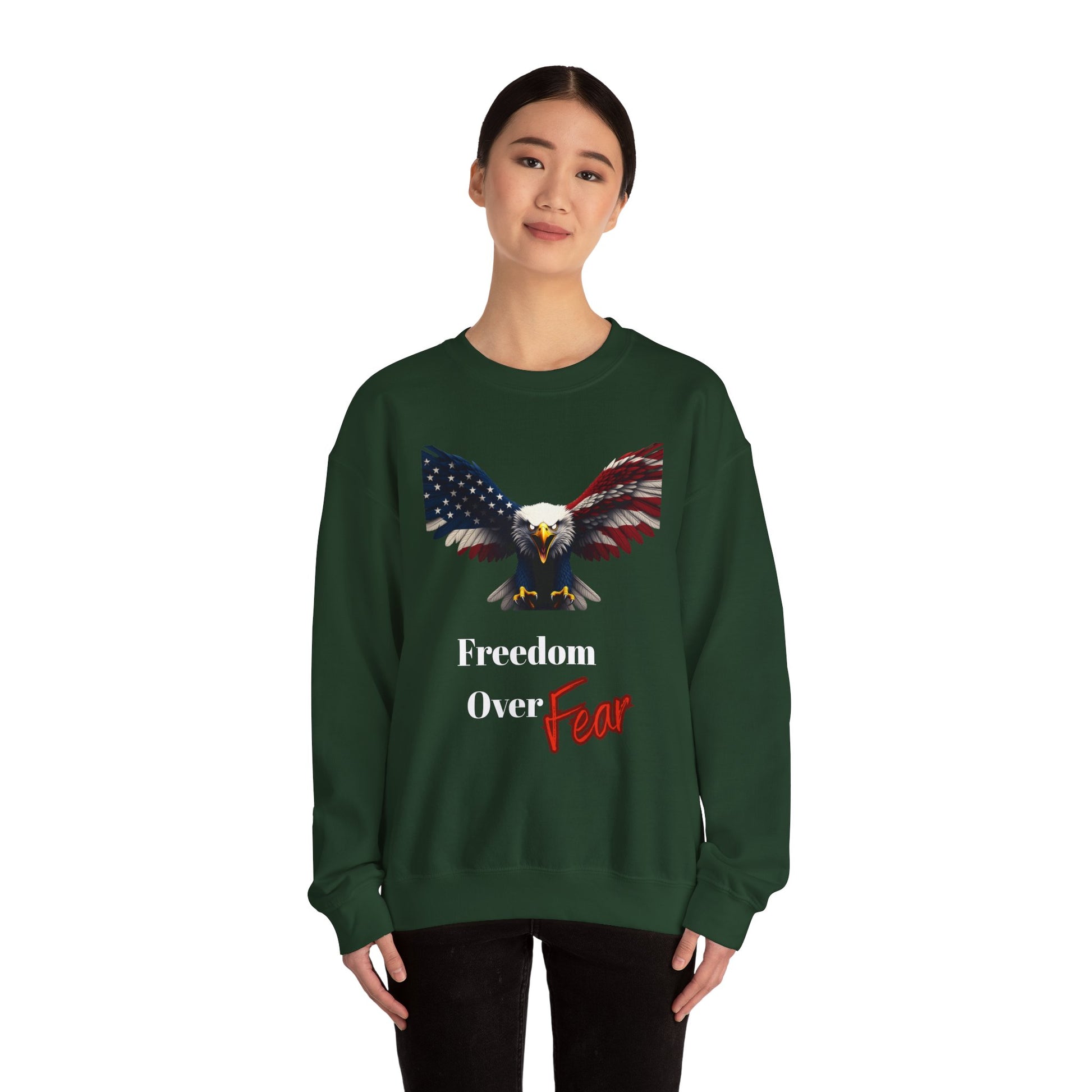 Freedom Over Fear Patriotic Eagle text on a Crewneck Sweatshirt