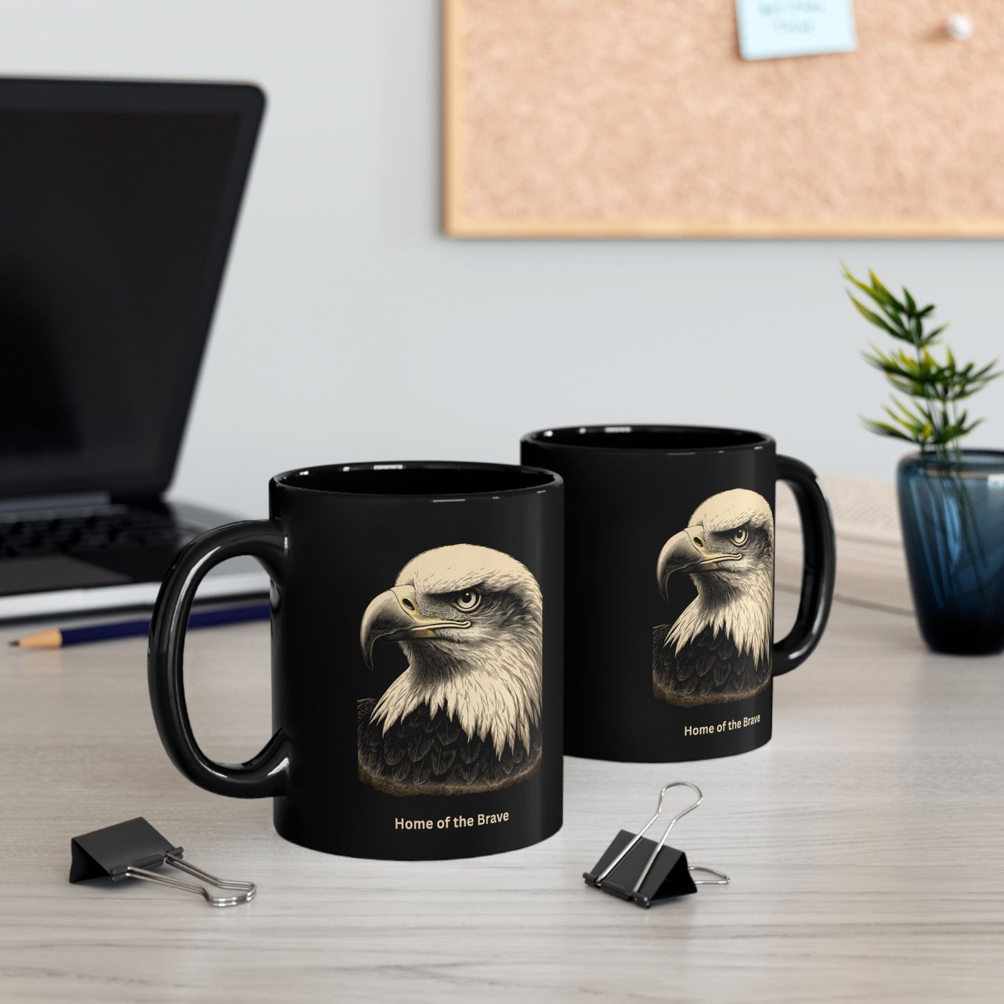 Black mug with bald eagle portrait and text "Home of the Brave".
