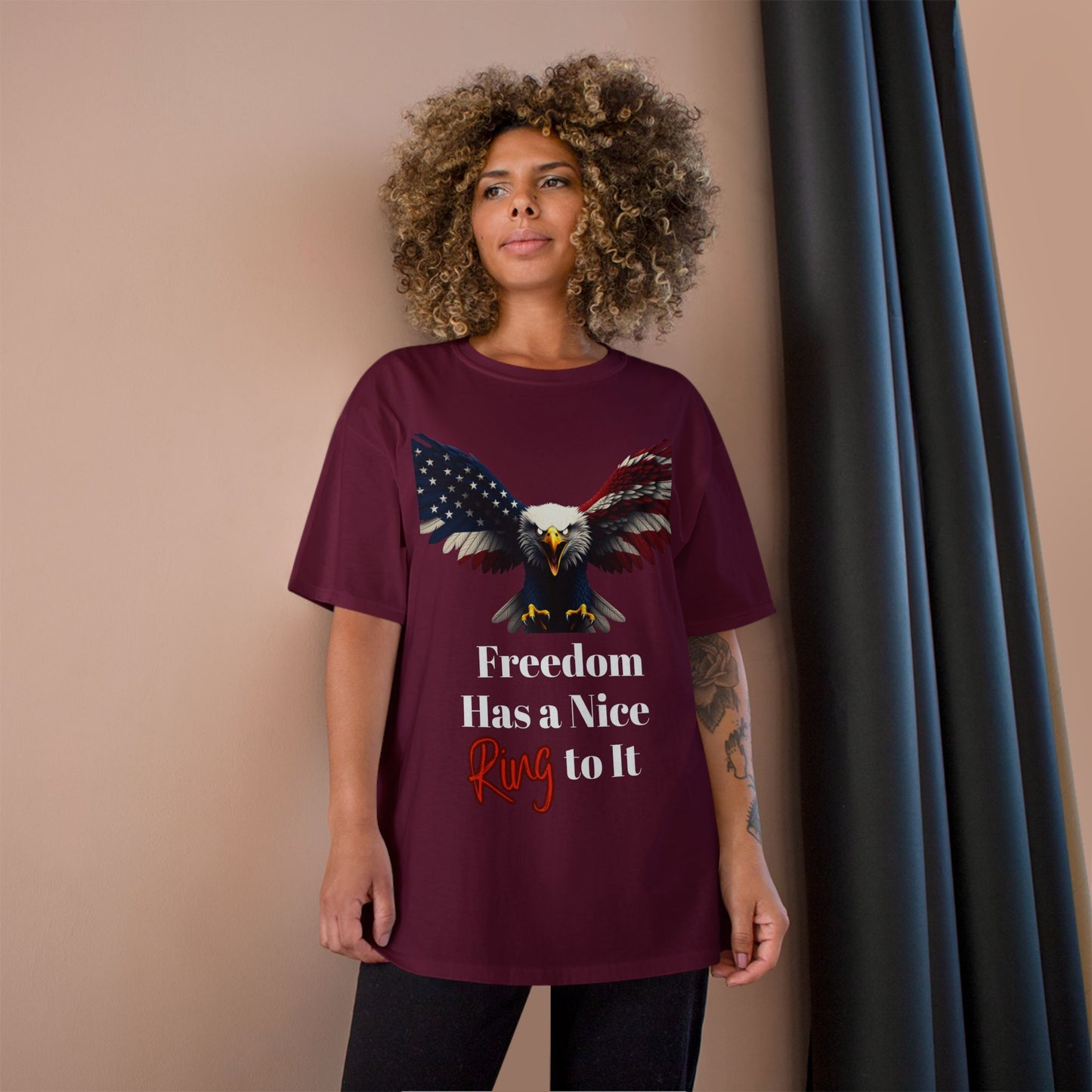 Freedom Has A Nice Ring To It Patriotic Eagle on a Champion T-shirt