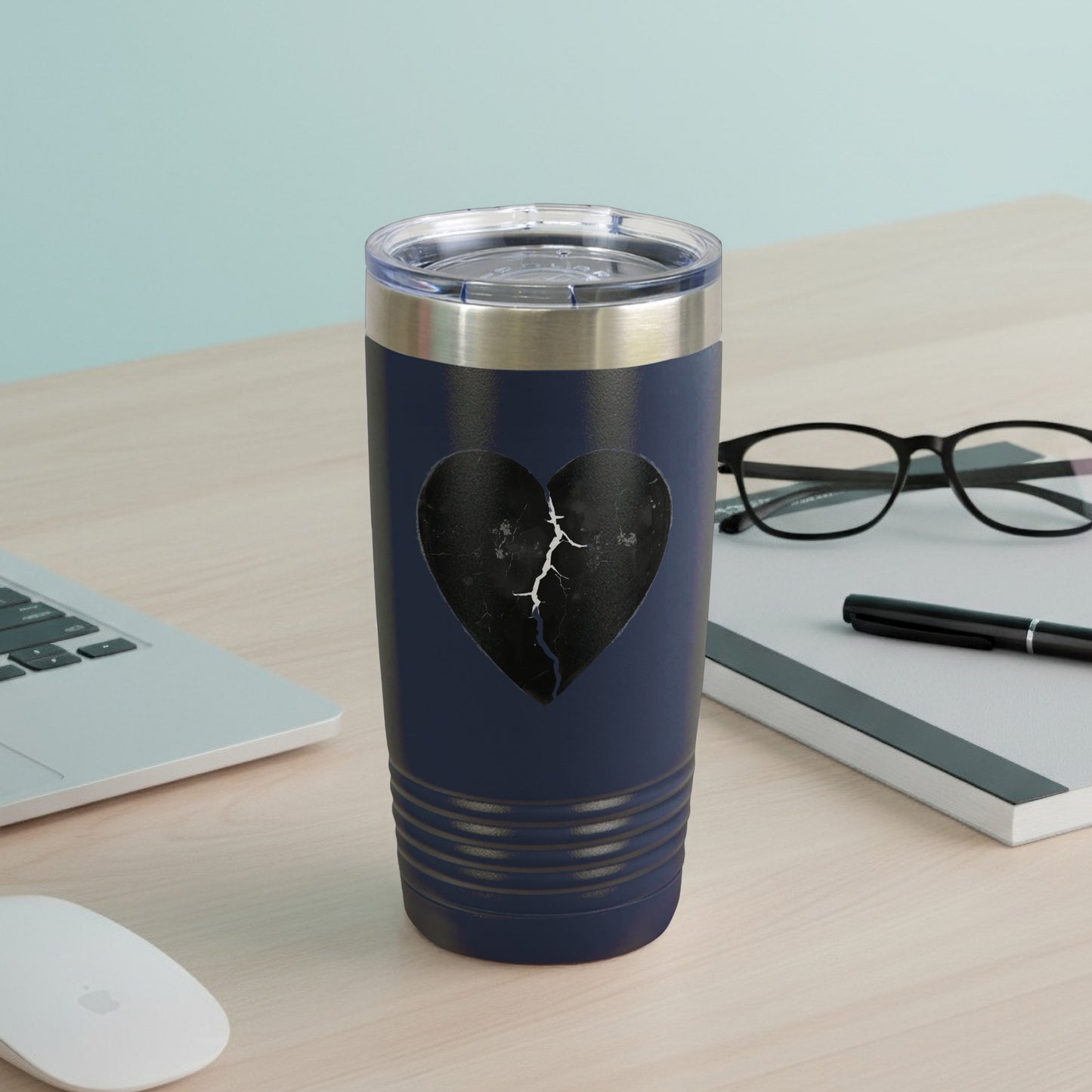 Cracked Heart Design Navy Tumbler for Hot Cold Beverages