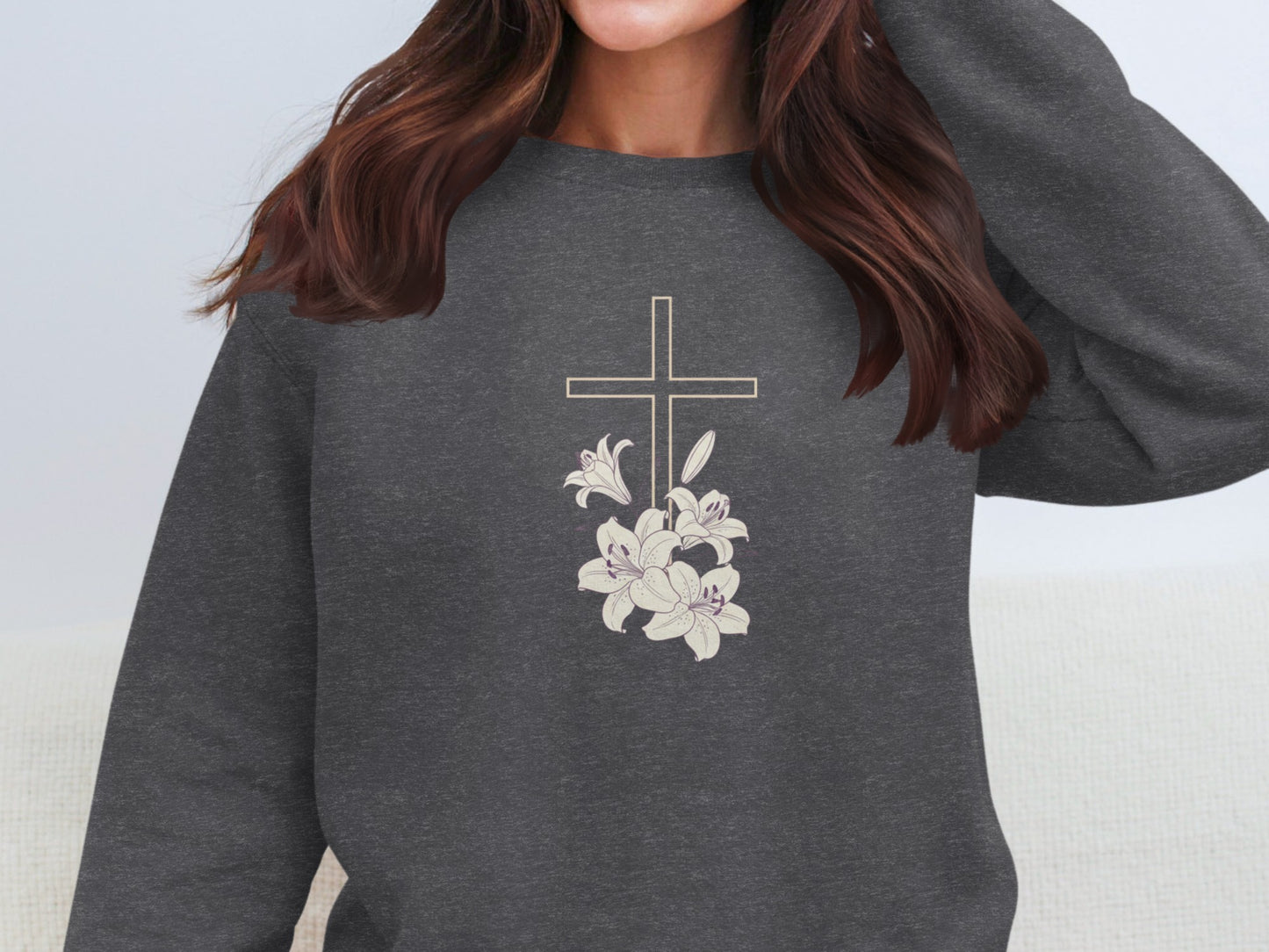 Dark gray sweatshirt with a delicate cross and lily floral design.