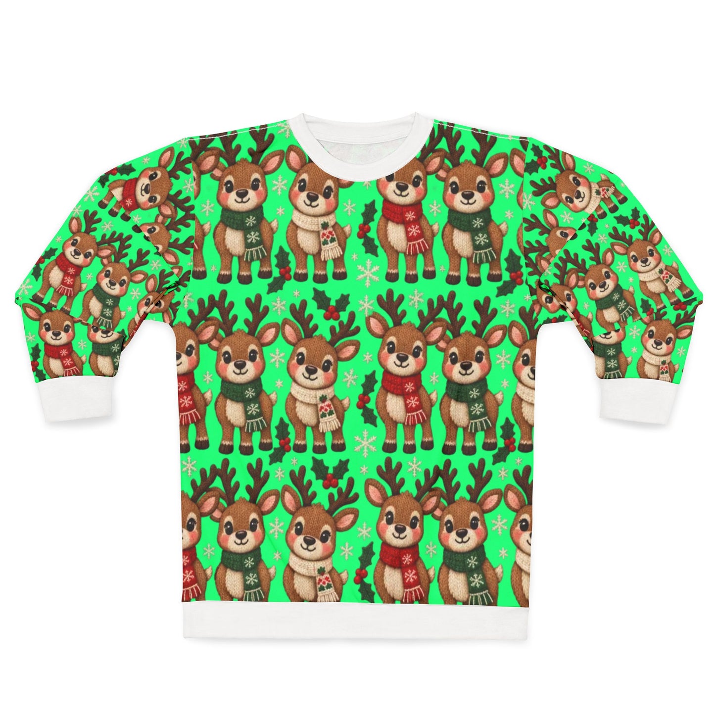 Green sweatshirt with a repeating pattern of cute cartoon reindeer wearing scarves.