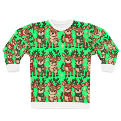 Green sweatshirt with a repeating pattern of cute cartoon reindeer wearing scarves.