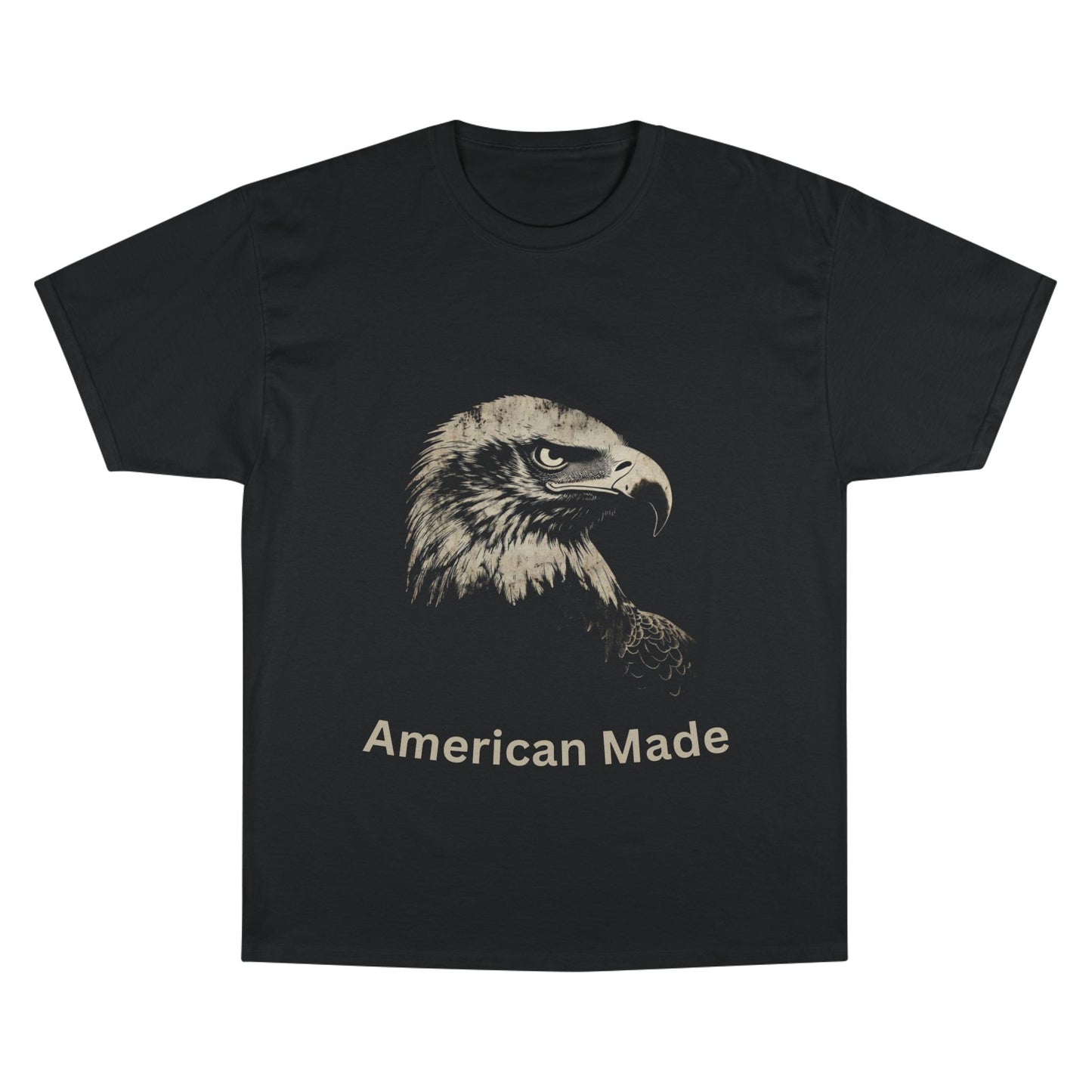 American Made text below an eagle head on a Champion Tee