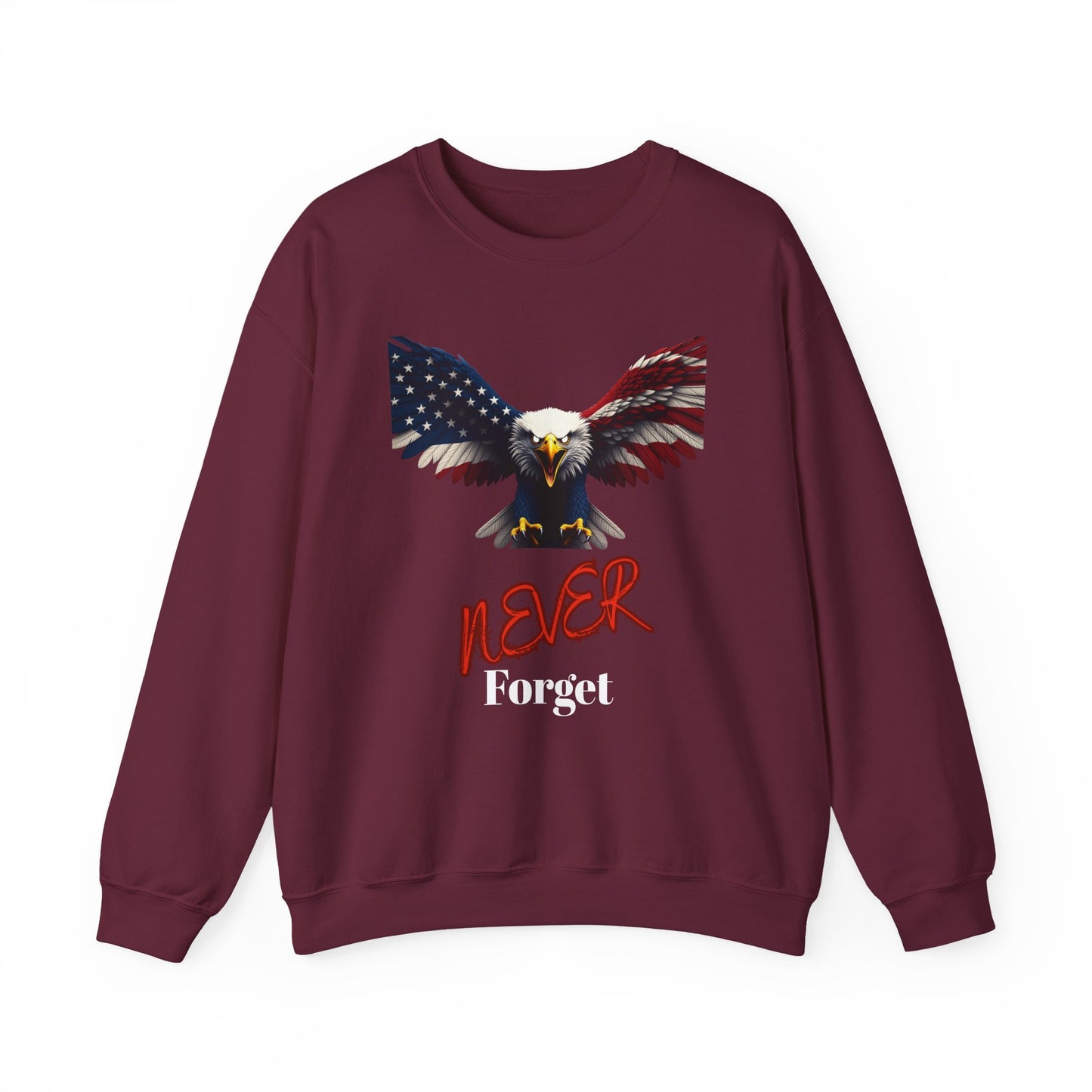 Never Forget Patriotic Eagle text on a Crewneck Sweatshirt