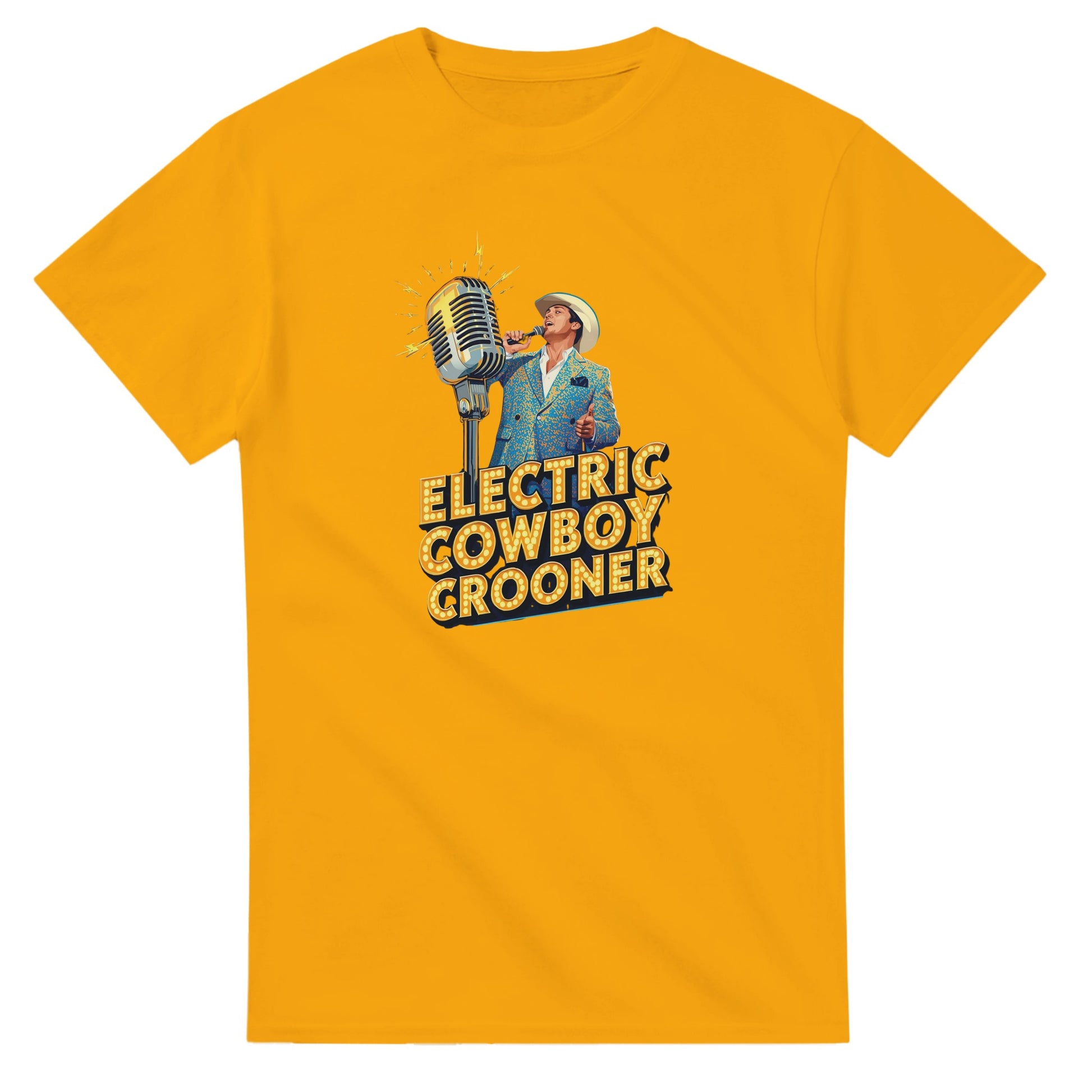 Person wearing a blue t-shirt with 'Electric Cowboy Crooner' design in a mall setting