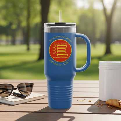 Blue tumbler with "The Curious Pollster" logo and straw, on a wooden table.