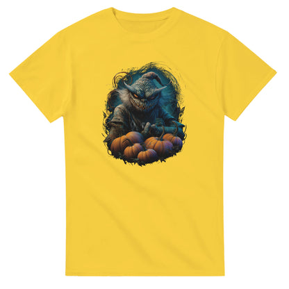 Spooky Scarecrow & Pumpkins on a Heavyweight T-shirt