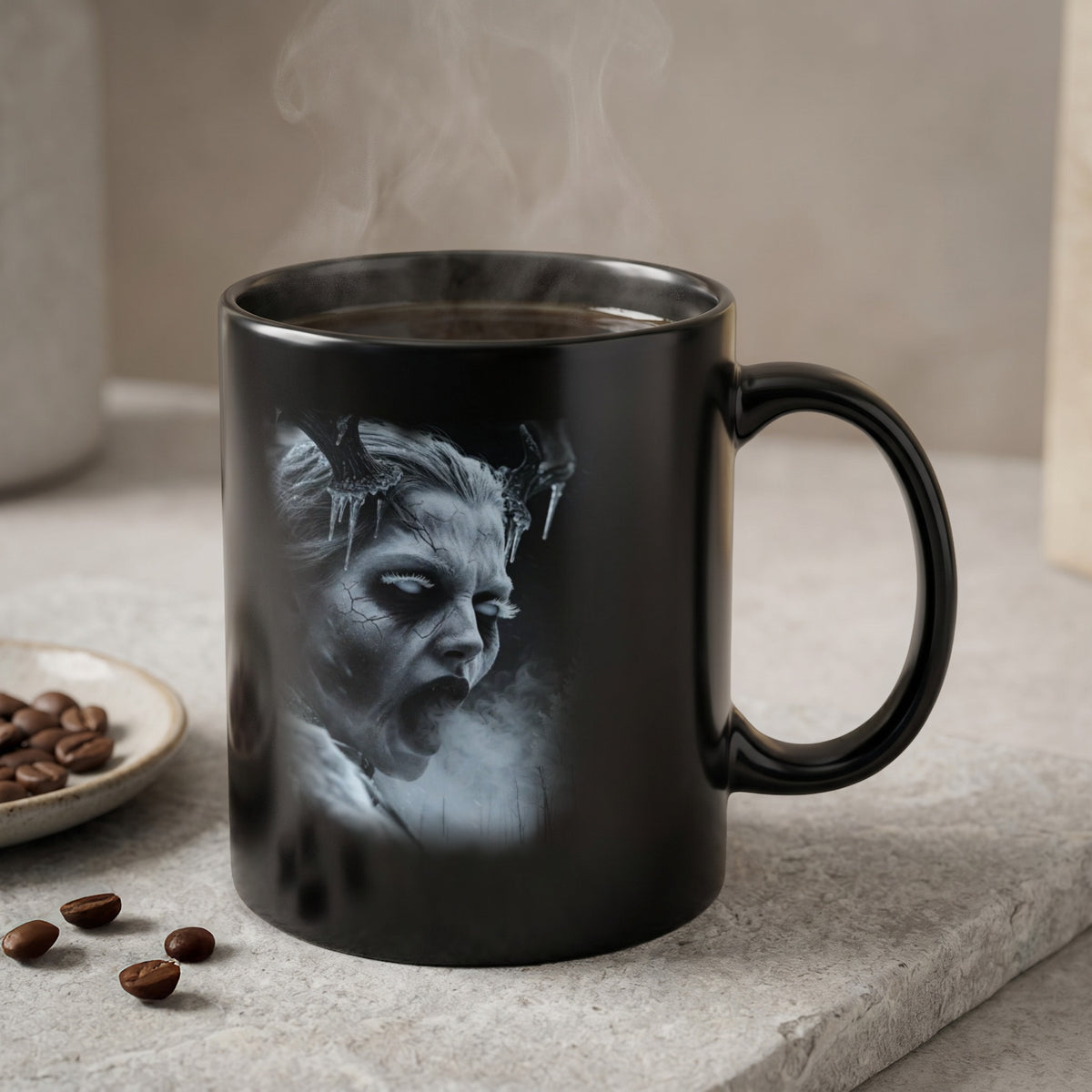 Black mug with steaming hot coffee and a close-up of an icy, cracked face.