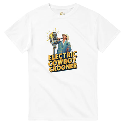 Person wearing a blue t-shirt with 'Electric Cowboy Crooner' design in a mall setting