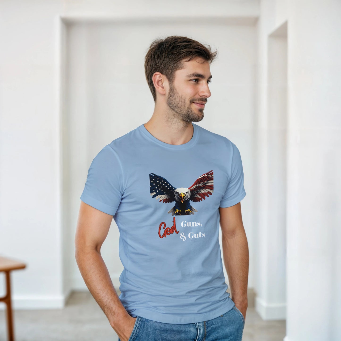 God, Guns, & Guts Patriotic Eagle on a Heavyweight T-shirt