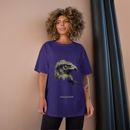 American Made small font text below an eagle head on a Champion Tee