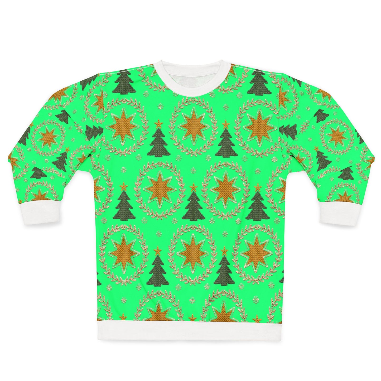 Green crewneck sweatshirt with repeating Christmas tree, star, and wreath pattern.