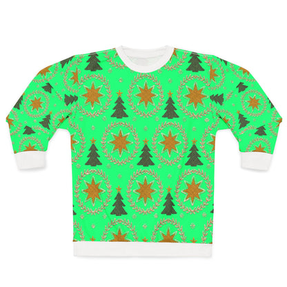 Green crewneck sweatshirt with repeating Christmas tree, star, and wreath pattern.