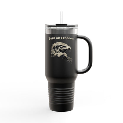 Built of Freedom text on the top of a  40oz Insulated Travel Mug