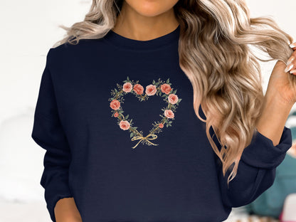 Heart Shaped Floral Bouquet Design on Navy Sweatshirt