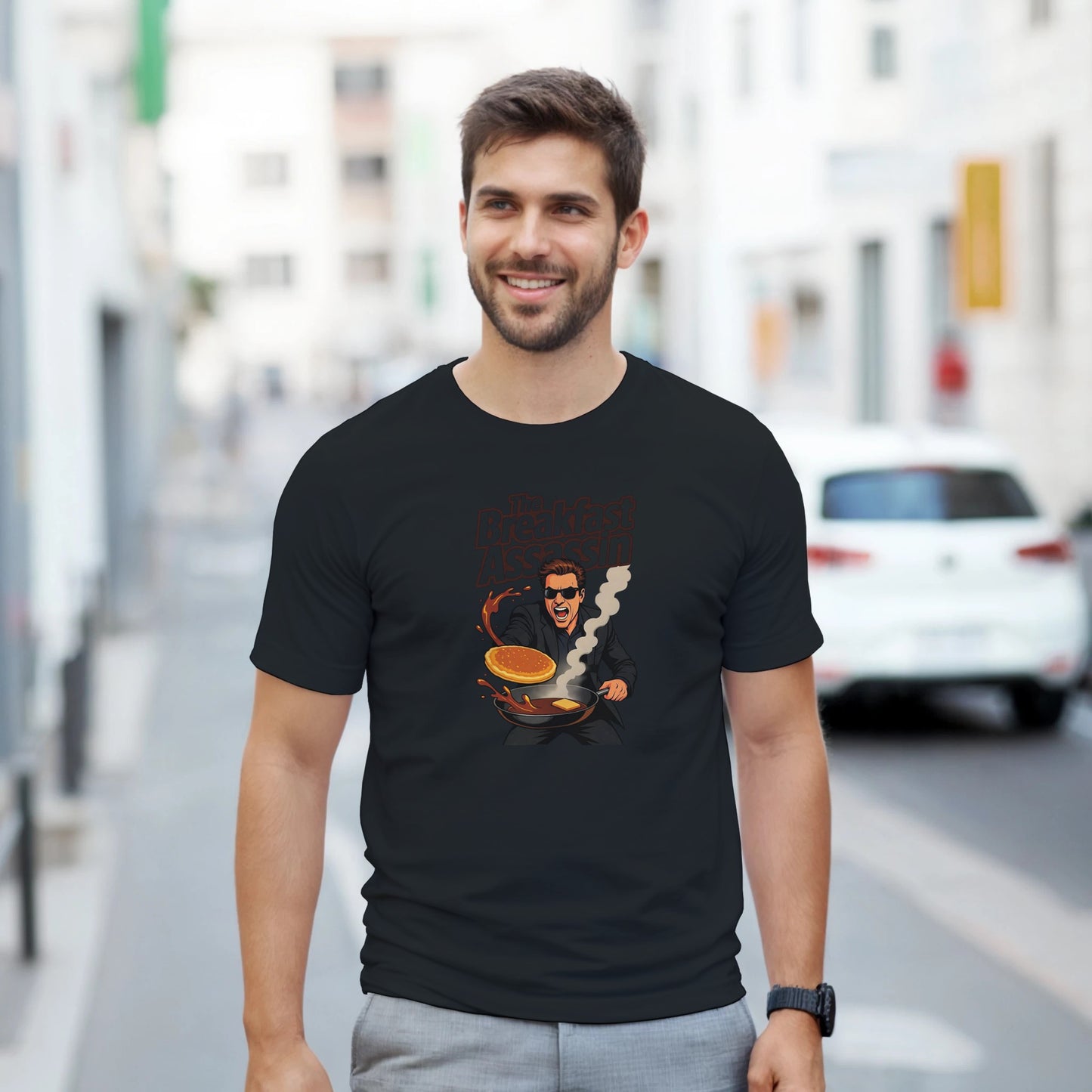 The Breakfast Assassin graphic design on a Heavyweight T-shirt