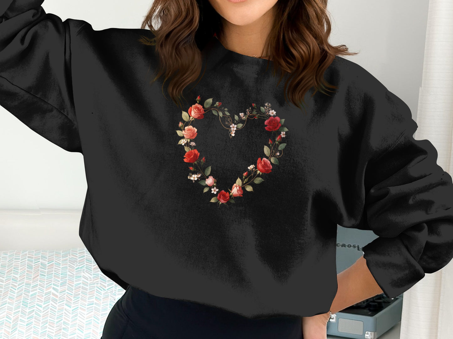 Floral Heart Design Black Long Sleeve Shirt
