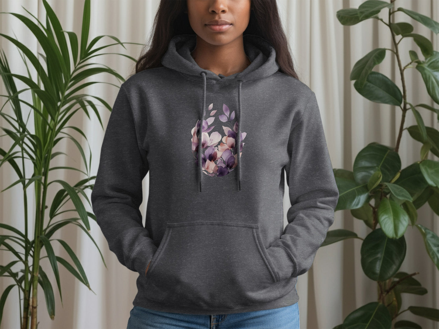 Dark Gray Hoodie with Floral Print for Stylish Casual Wear