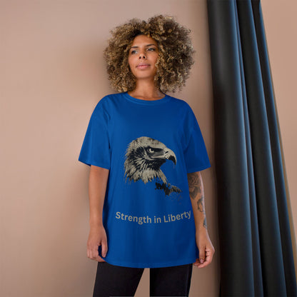 Strength in Liberty text below an eagle head on a Champion Tee