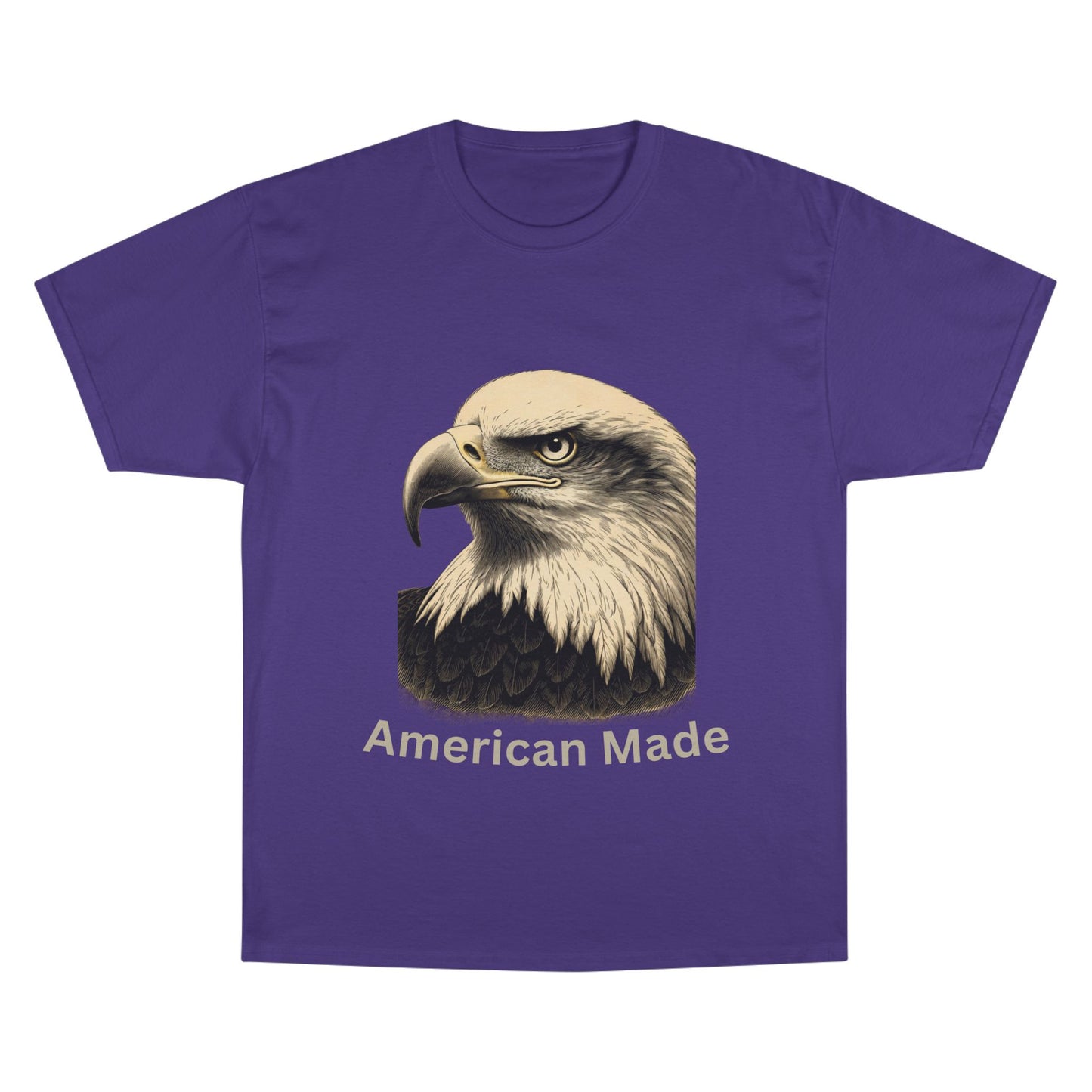 Engraved Eagle - American Made - text on the bottom of a Champion Tee