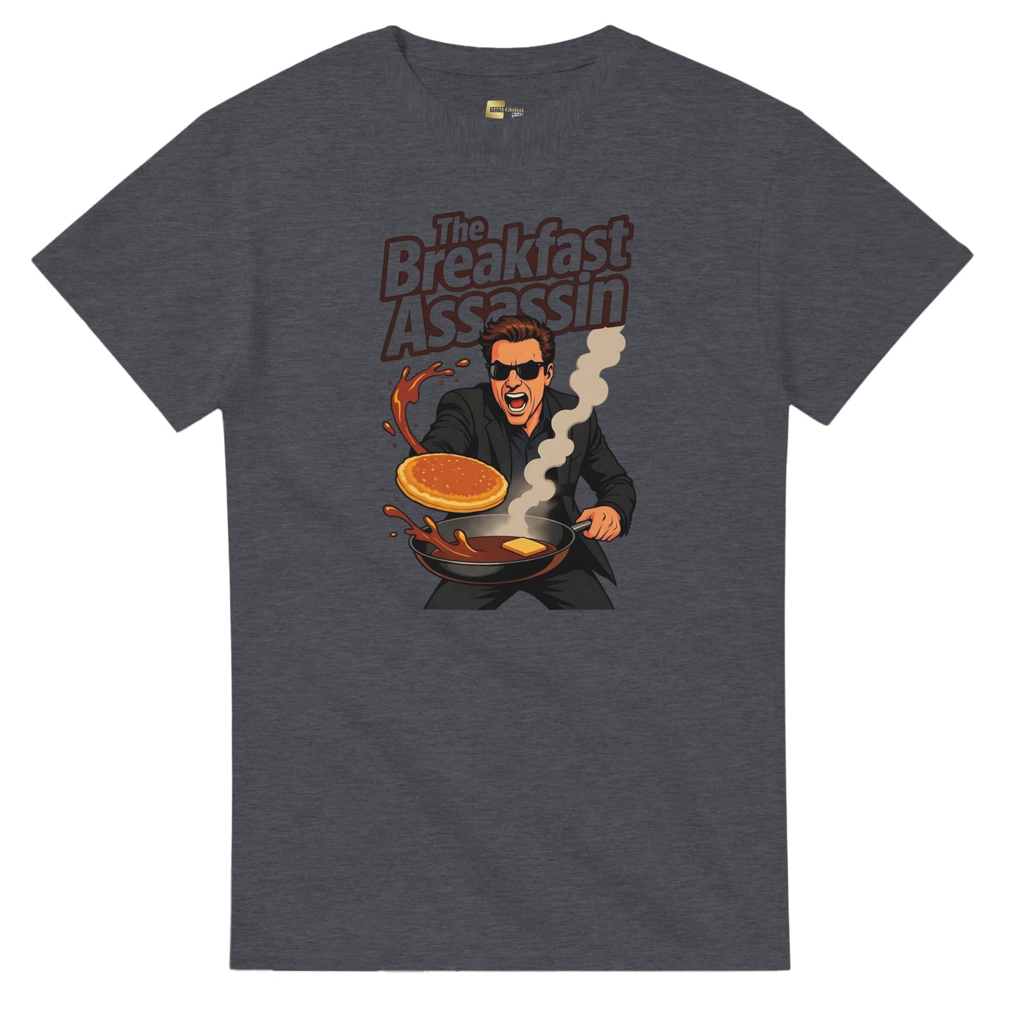 The Breakfast Assassin graphic design on a Heavyweight T-shirt