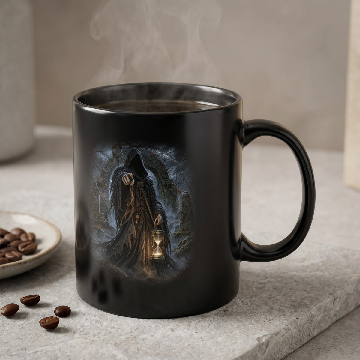 Black mug with Grim Reaper and hourglass graphic, steaming with coffee.