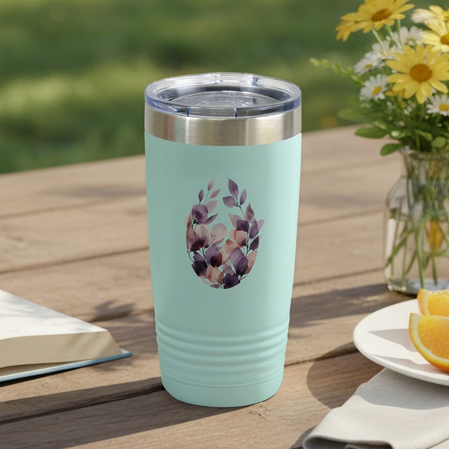 Floral Design Light Green Tumbler with Lid for beverages