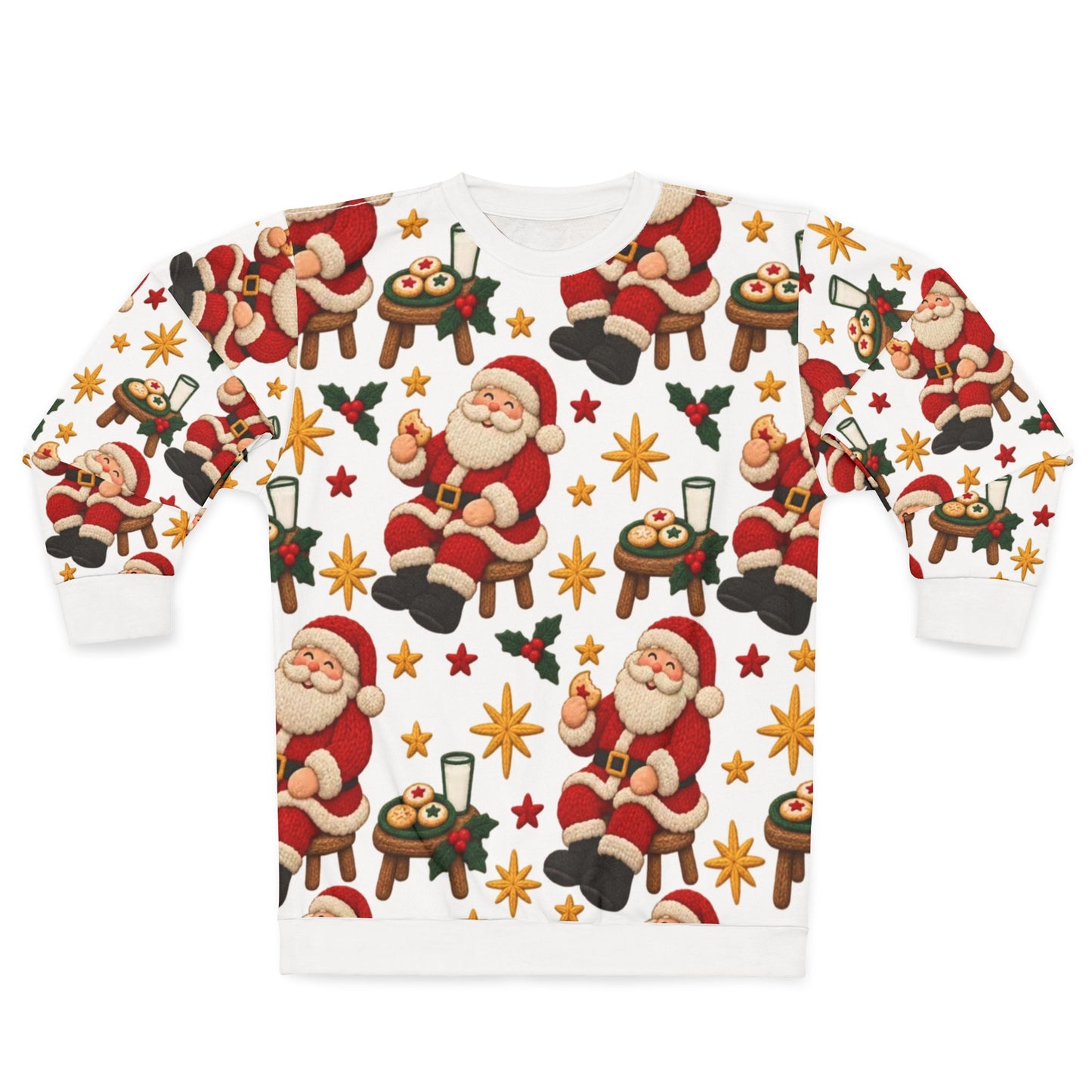White sweatshirt with a repeating pattern of Santa Claus, cookies, milk, and stars.