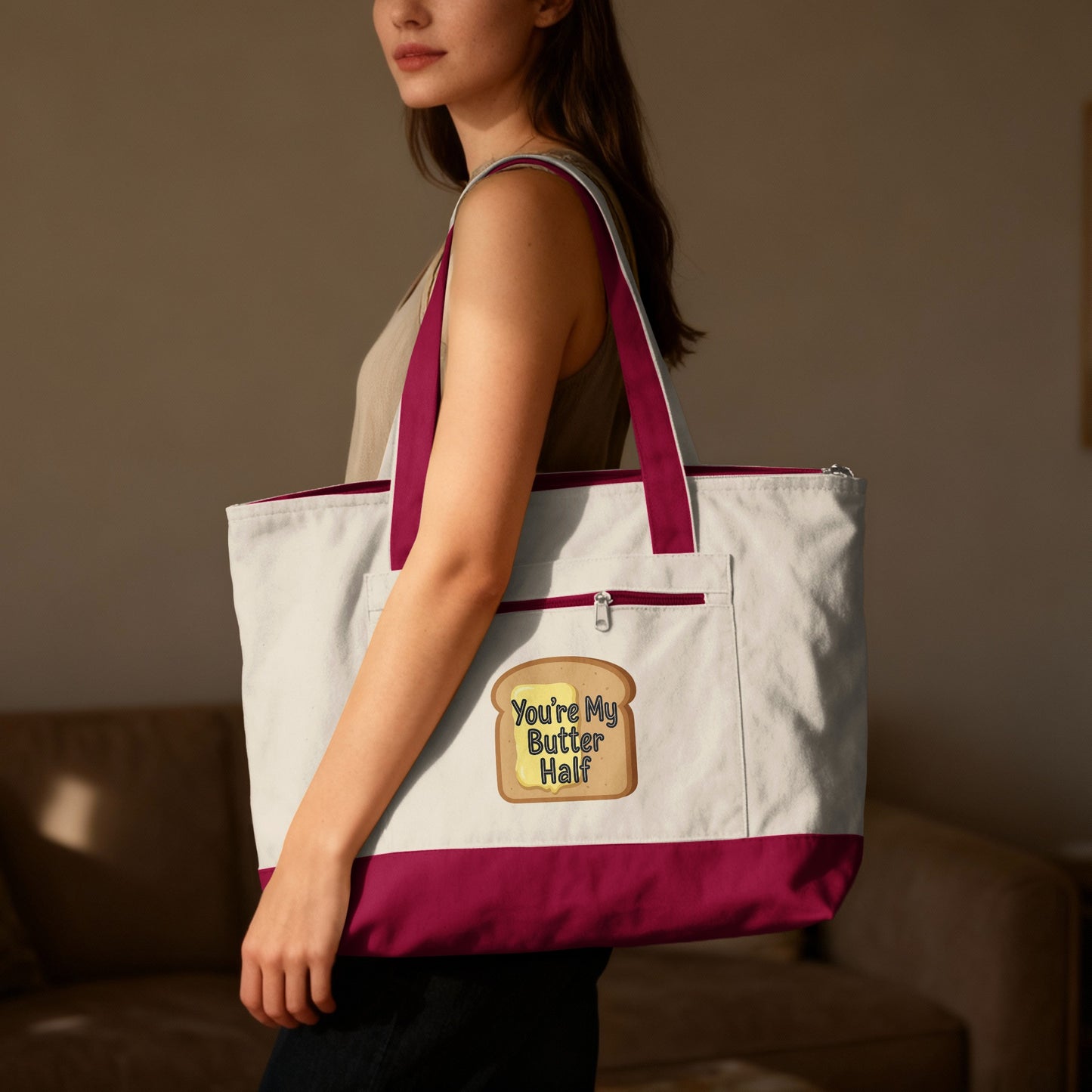 You're My Butter Half phrase on a Zippered Canvas Tote