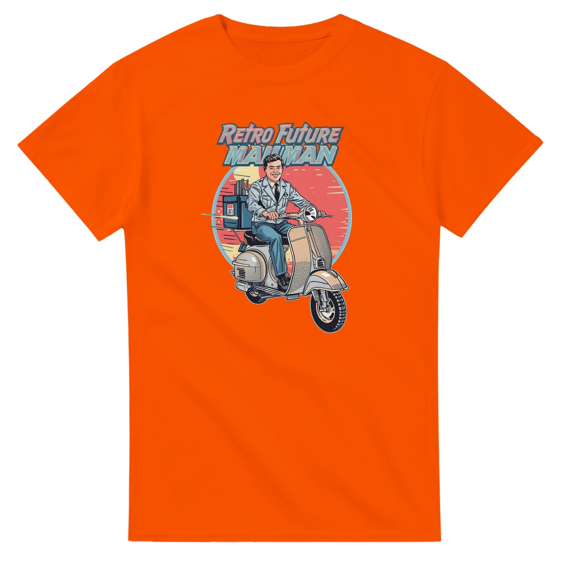 Man wearing a t-shirt with a retro design of a man on a scooter.