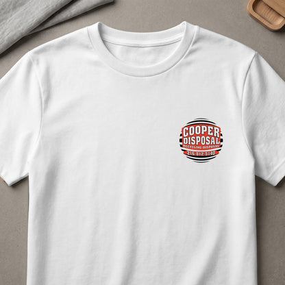 White t-shirt with circular "Cooper Disposal Recycling Disposal" logo and phone number.