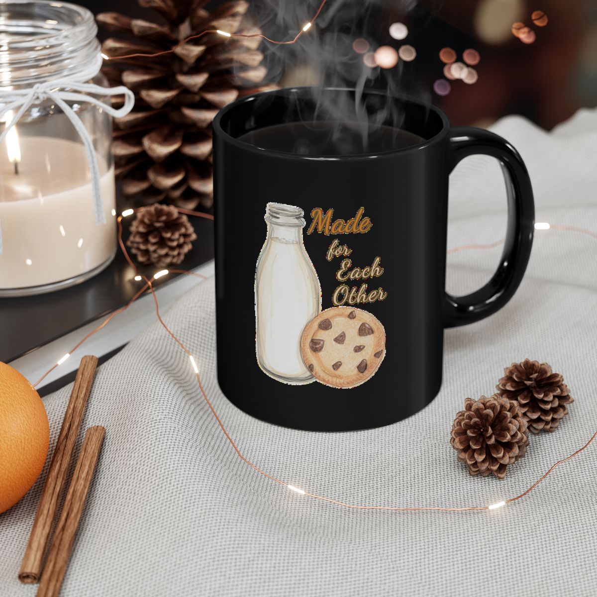 Milk and Cookies image with Made for Each Other text phrase on an 11/15oz Black Mug