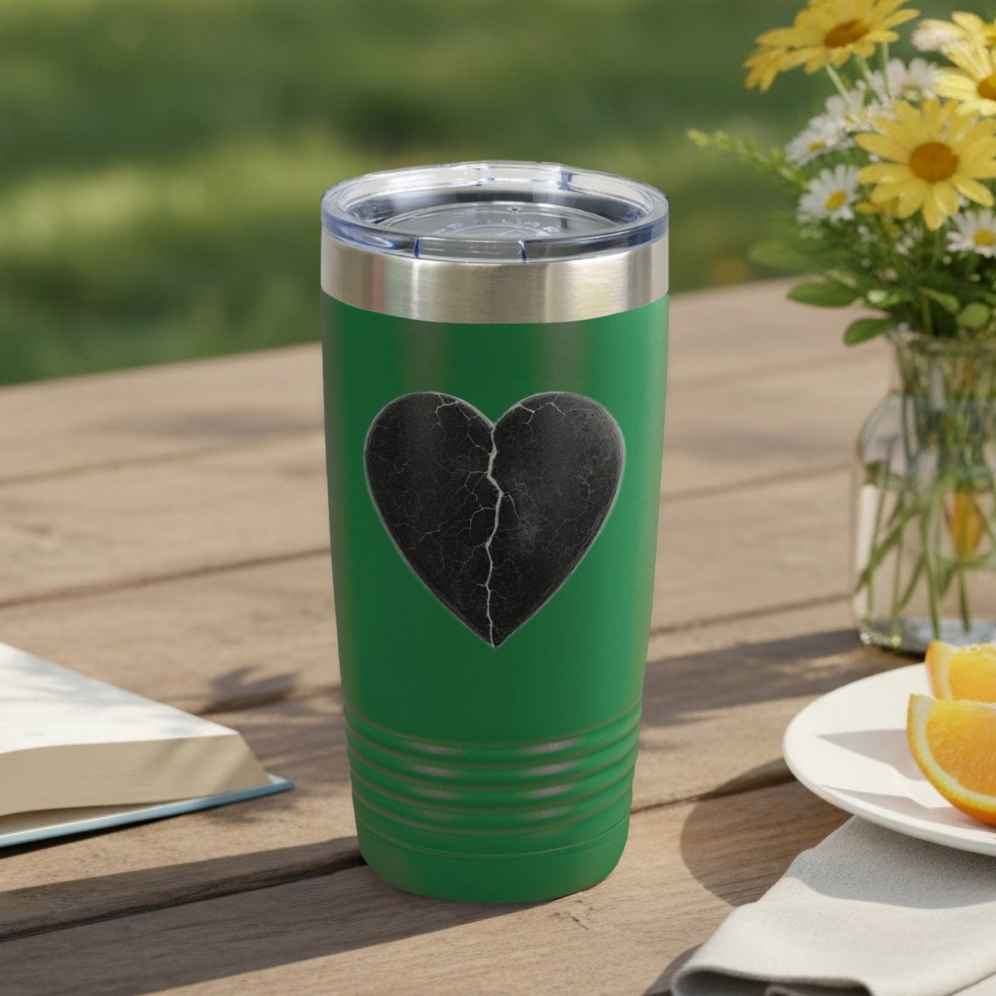 Green Tumbler with Black Cracked Heart Design