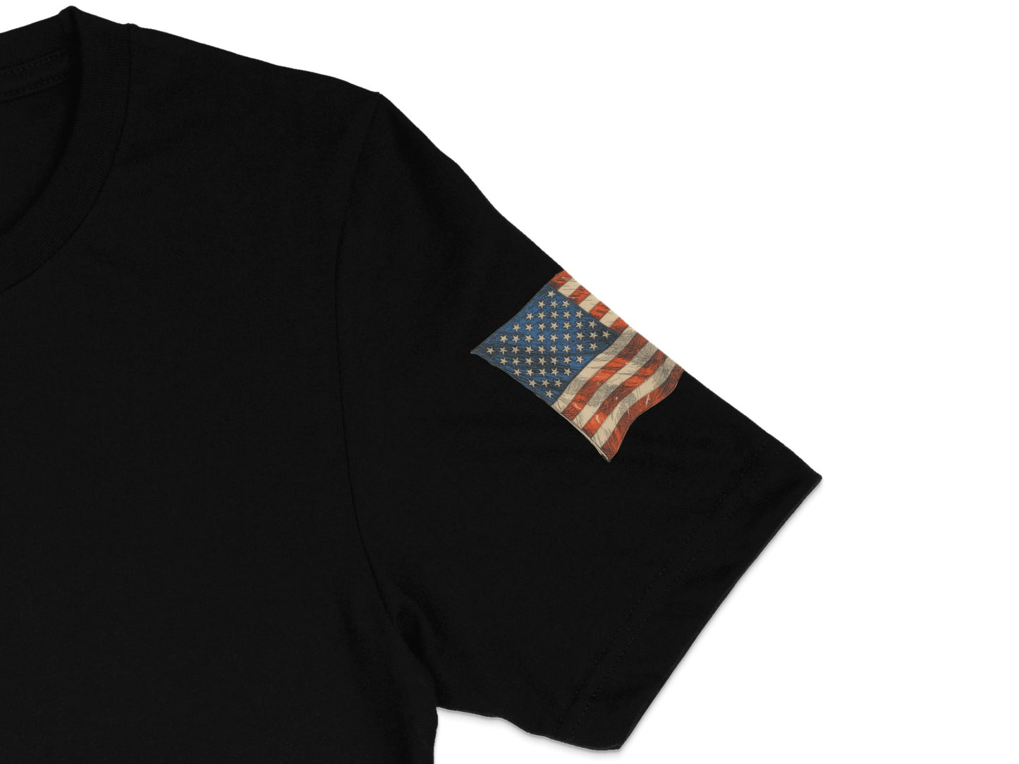Black t-shirt sleeve with distressed American flag patch on the shoulder.