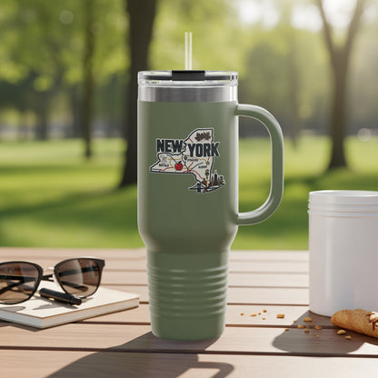 Olive green travel tumbler with New York state map graphic and handle.