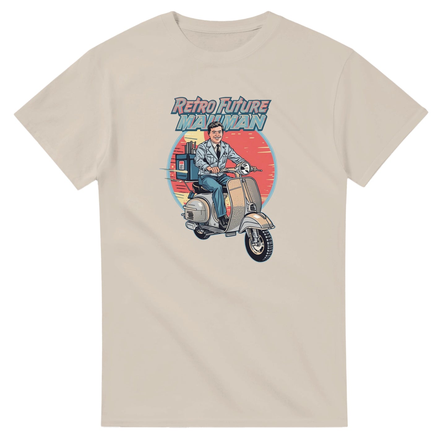 Man wearing a t-shirt with a retro design of a man on a scooter.