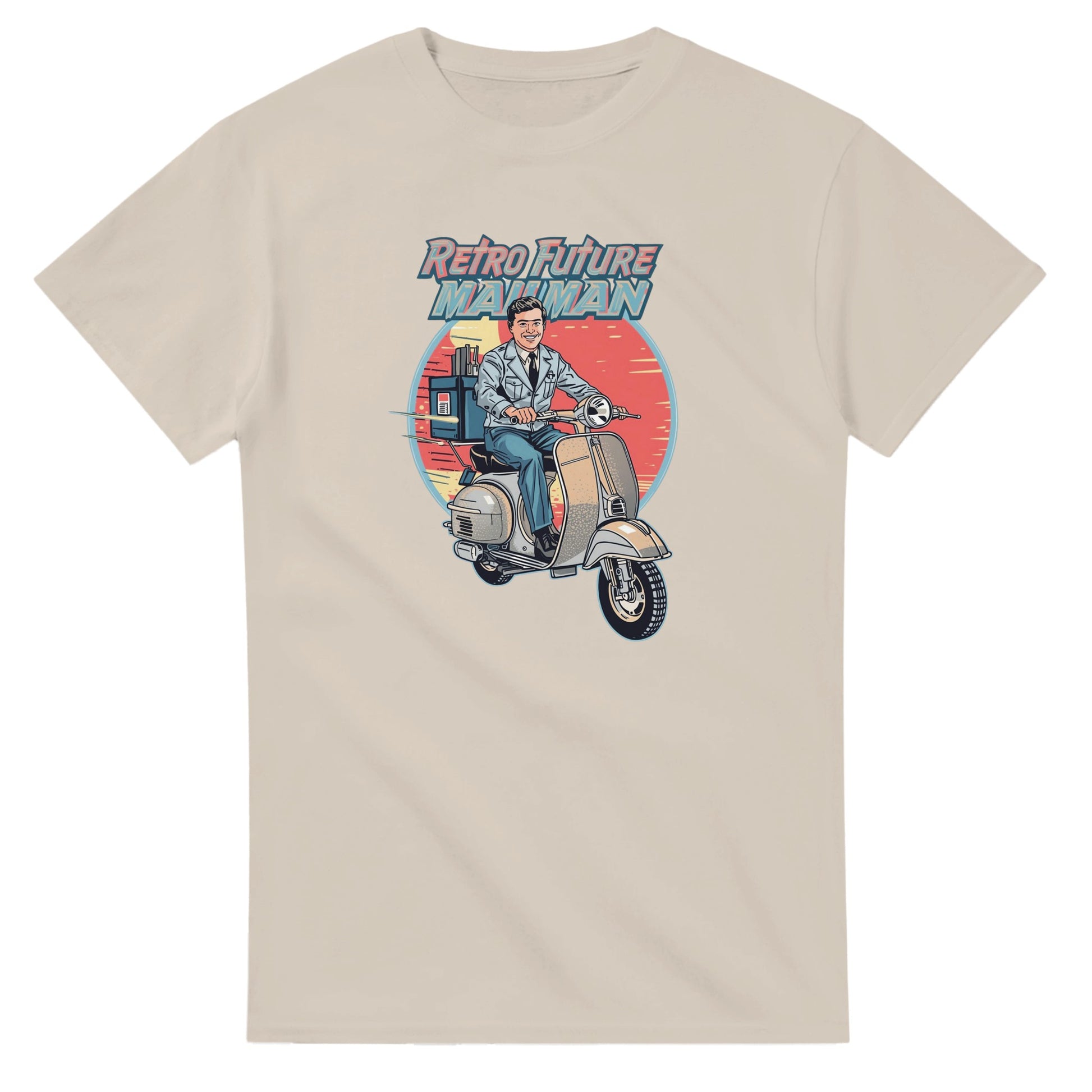 Man wearing a t-shirt with a retro design of a man on a scooter.