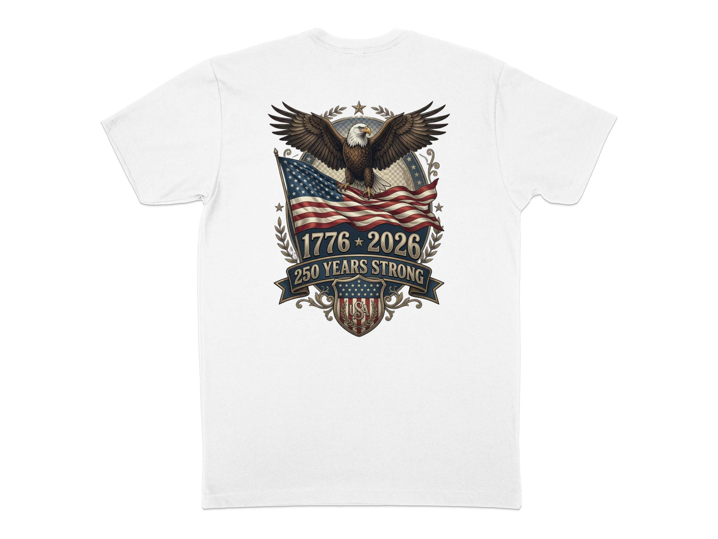 Eagle with outstretched wings on American flag, 1776-2026 250 Years Strong.
