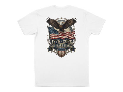 Eagle with outstretched wings on American flag, 1776-2026 250 Years Strong.