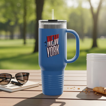 Tumbler with New York state outline graphic and city names.