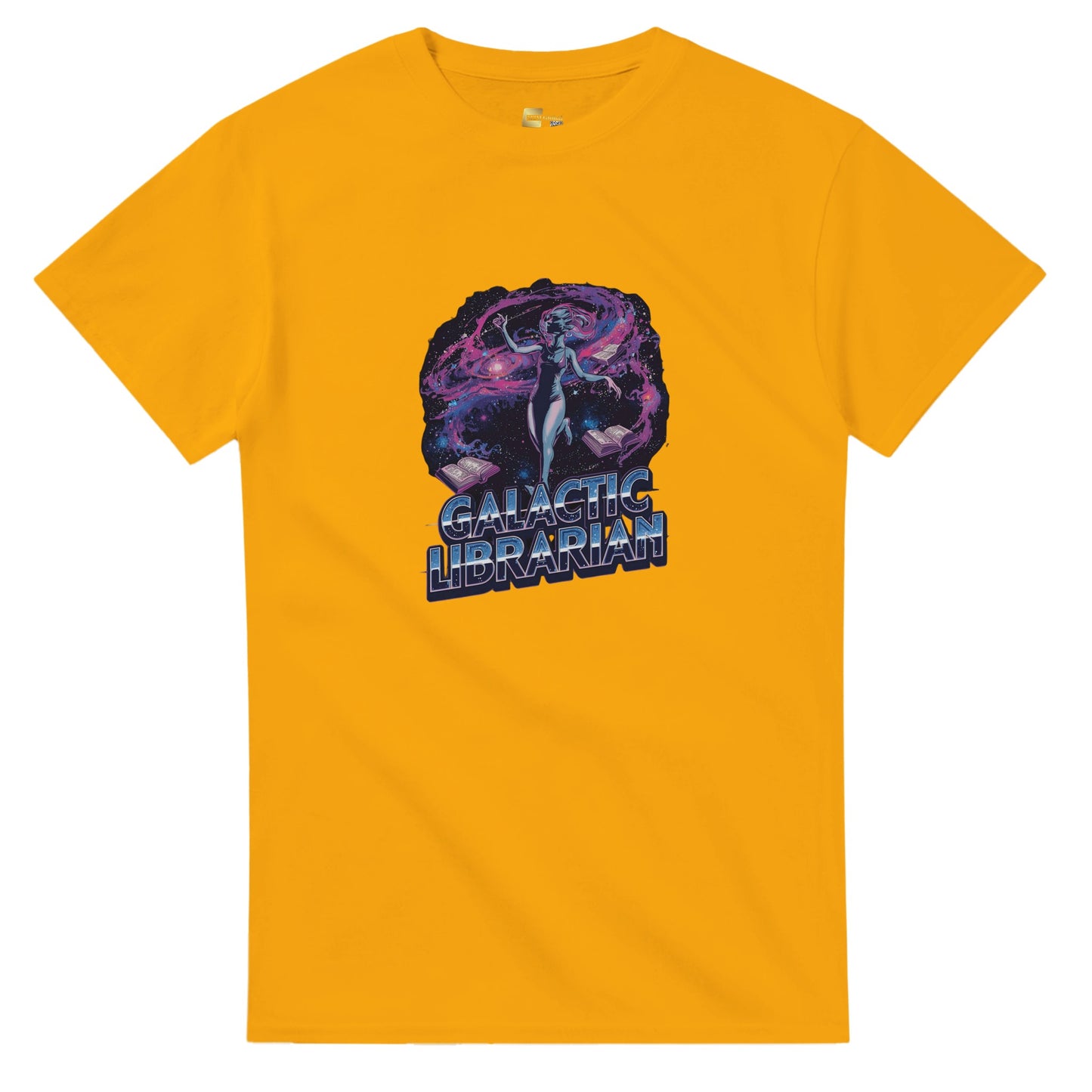 Woman wearing a red t-shirt with a graphic design, holding shopping bags in a mall.