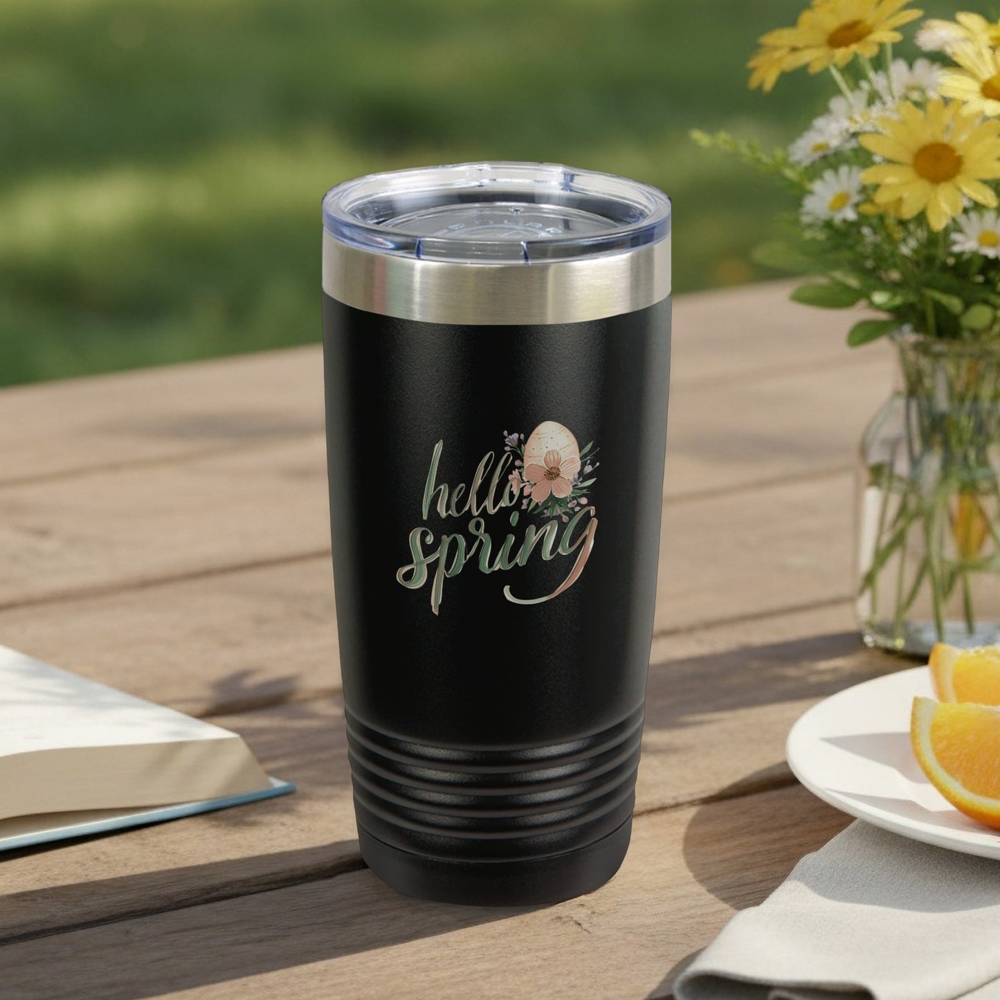 Hello Spring Floral Insulated Black Tumbler Cup