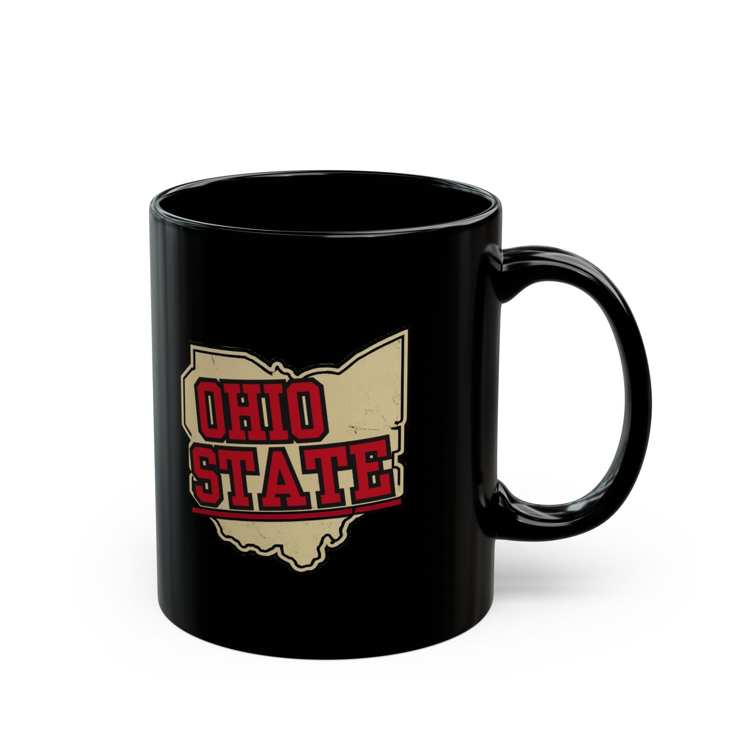 Black ceramic mug with Ohio outline and text.