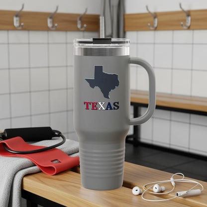 Travel mug with Texas outline and text.